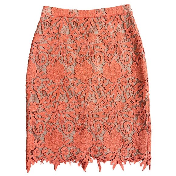 Alice + Olivia Orange Lace Floral Pencil Skirt Size 2 Designer Statement - Picture 2 of 10